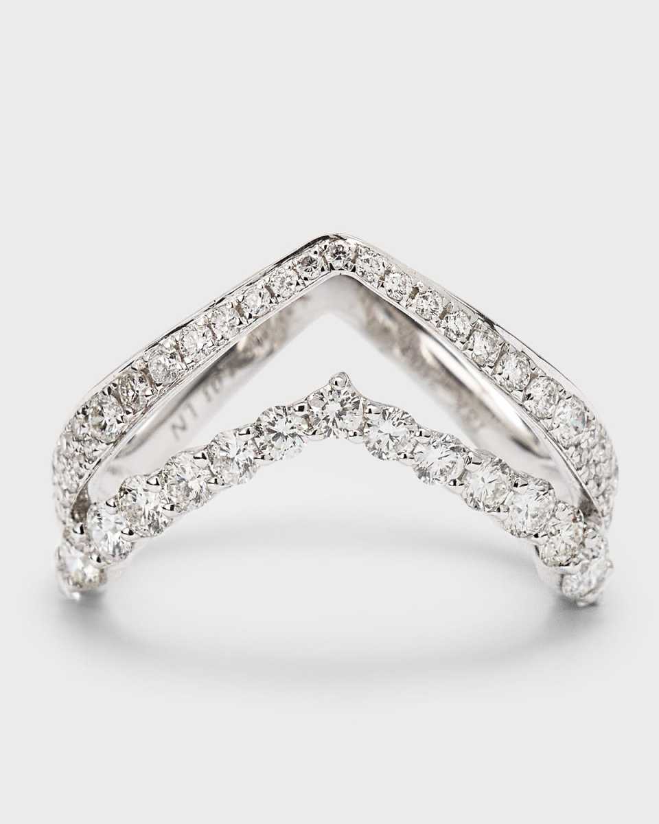 Sparkle 18K White Gold Double V Diamond Ring, Size 6